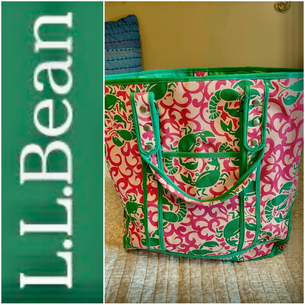 L.L. Bean Pink and Green Crab & Lobster Canvas Tote